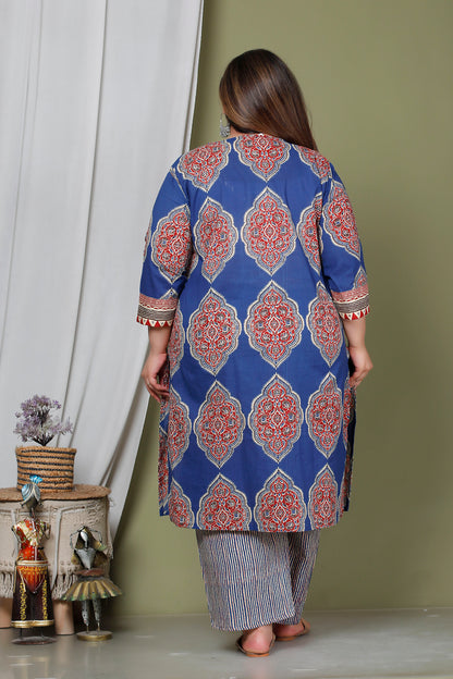 SYMMETRICAL FLORAL MOTIF PRINT COTTON 3 PEICE KURTA PANT IN BLUE / RED RUST BY PLUSSIZEKURTI