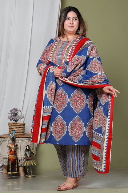 SYMMETRICAL FLORAL MOTIF PRINT COTTON 3 PEICE KURTA PANT IN BLUE / RED RUST BY PLUSSIZEKURTI
