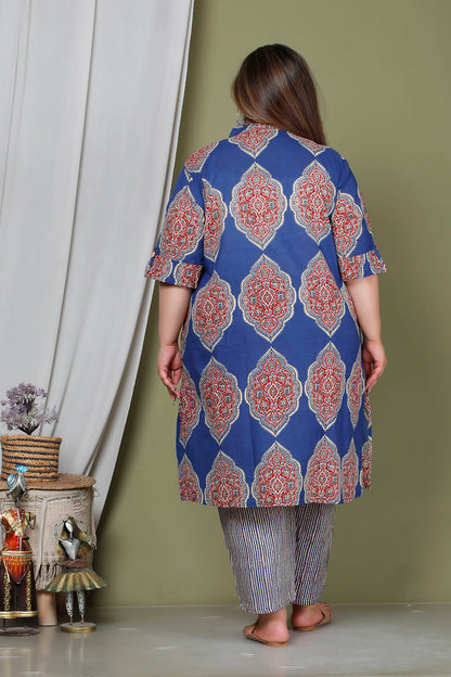 FLORAL MEDALLION MOTIF PRINT COTTON 2 PEICE KURTA PANT IN BLUE/ RED RUST BY PLUSSIZEKURTI