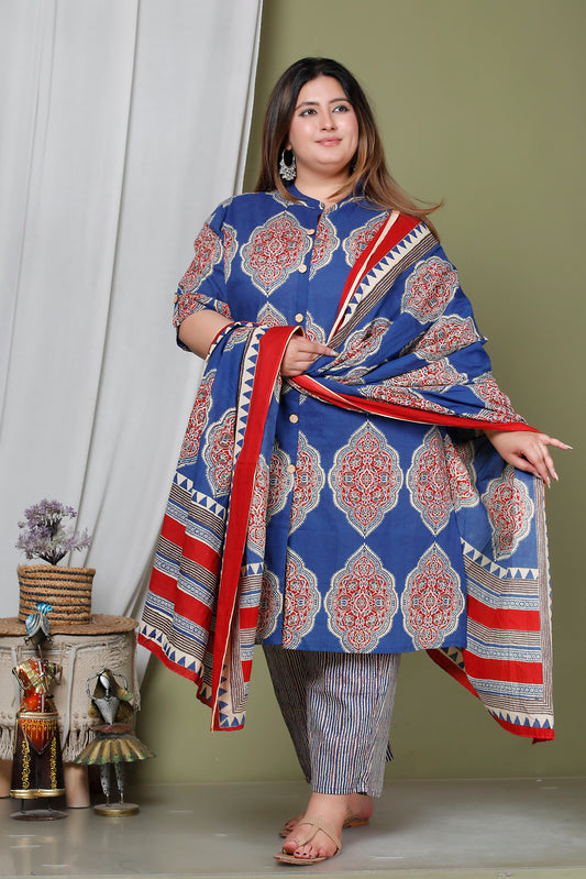 FLORAL MEDALLION MOTIF PRINT COTTON 3 PEICE KURTA PANT IN BLUE/ RED RUST BY PLUSSIZEKURTI