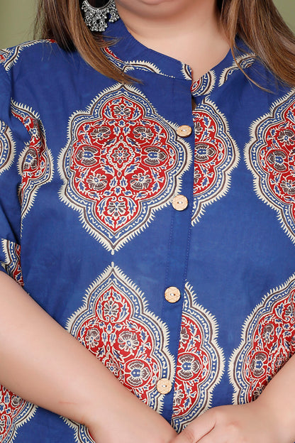FLORAL MEDALLION MOTIF PRINT COTTON 2 PEICE KURTA PANT IN BLUE/ RED RUST BY PLUSSIZEKURTI