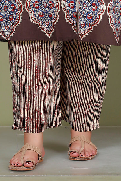 FLORAL MEDALLION MOTIF PRINT COTTON 2 PEICE KURTA PANT IN BROWN/ BLUE BY PLUSSIZEKURTI