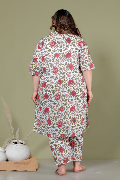 FLORAL MUGHAL VINE PRINT COTTON 2 PEICE KURTA PANT IN OFFWHITE BY PLUSSIZEKURTI