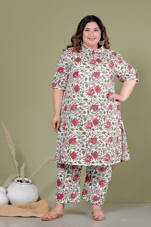 FLORAL MUGHAL VINE PRINT COTTON 2 PEICE KURTA PANT IN OFFWHITE BY PLUSSIZEKURTI