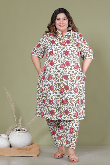 FLORAL MUGHAL VINE PRINT COTTON 2 PEICE KURTA PANT IN OFFWHITE BY PLUSSIZEKURTI