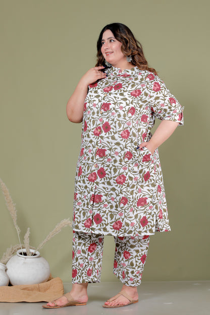 FLORAL MUGHAL VINE PRINT COTTON 2 PEICE KURTA PANT IN OFFWHITE BY PLUSSIZEKURTI