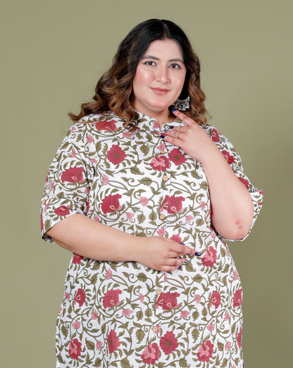 FLORAL MUGHAL VINE PRINT COTTON 2 PEICE KURTA PANT IN OFFWHITE BY PLUSSIZEKURTI