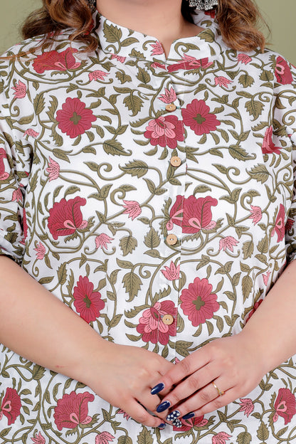 FLORAL MUGHAL VINE PRINT COTTON 2 PEICE KURTA PANT IN OFFWHITE BY PLUSSIZEKURTI