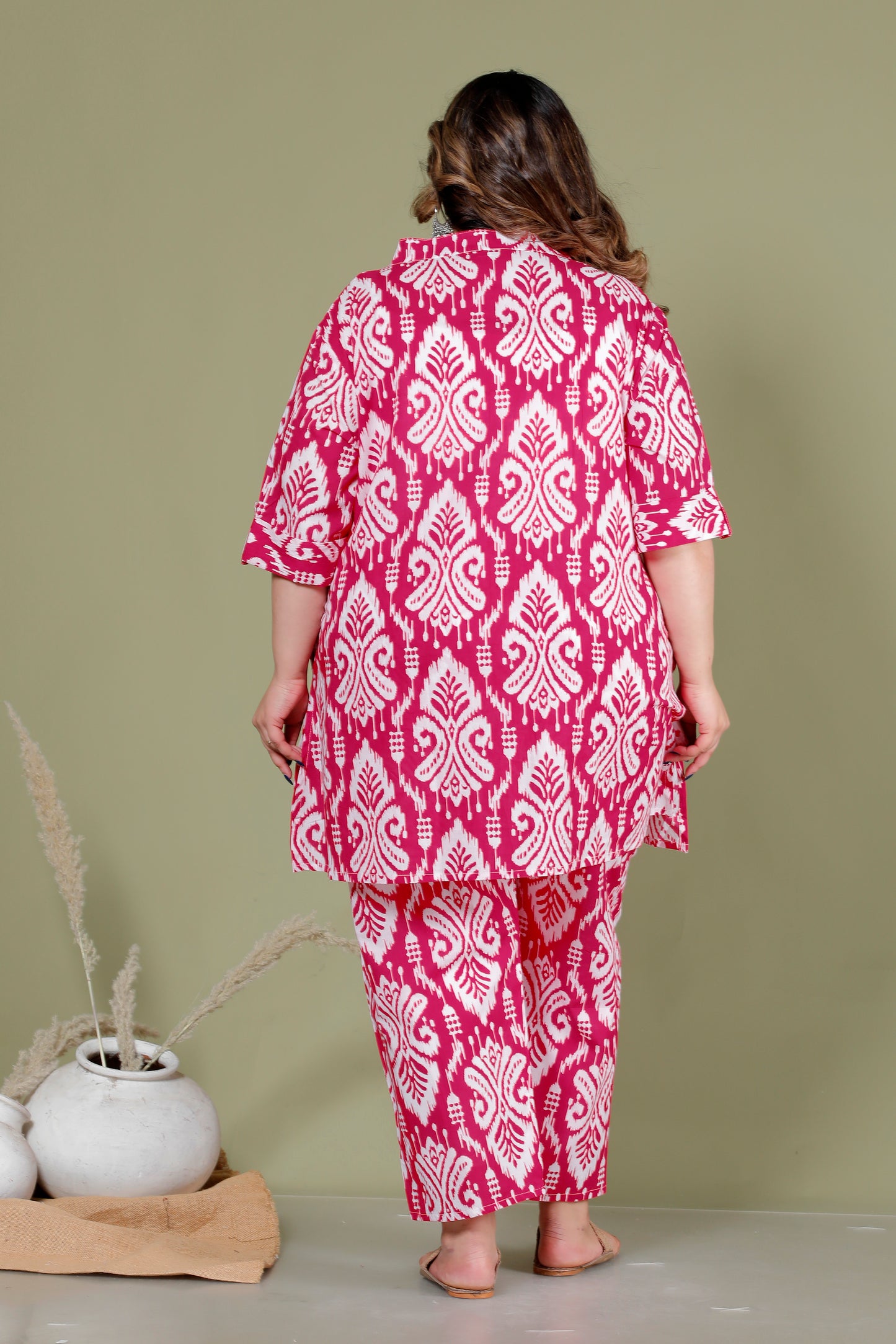 IKAT MOTIF PRINT COTTON CO-ORD SET IN RANIPINK BY PLUSSIZEKURTI