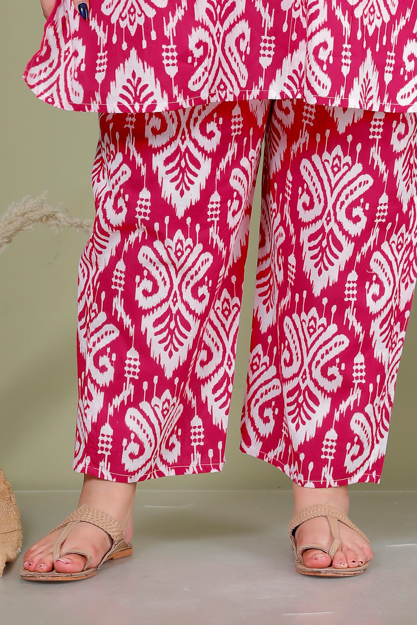 IKAT MOTIF PRINT COTTON CO-ORD SET IN RANIPINK BY PLUSSIZEKURTI