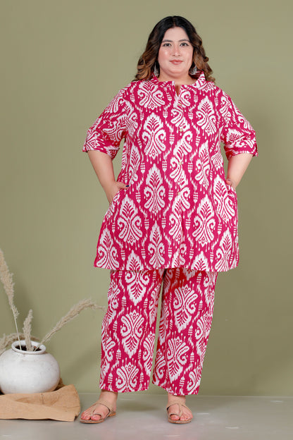 IKAT MOTIF PRINT COTTON CO-ORD SET IN RANIPINK BY PLUSSIZEKURTI