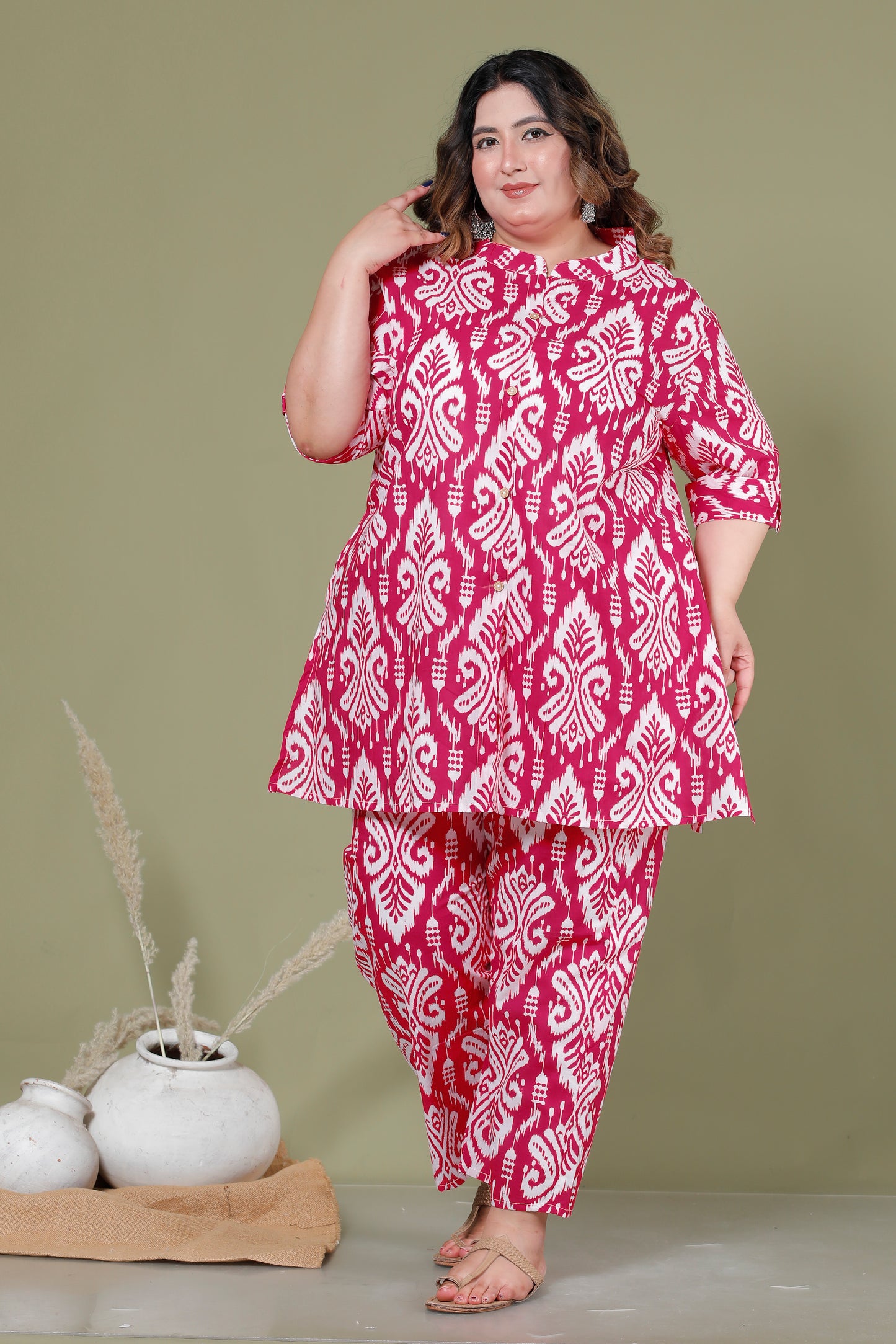 IKAT MOTIF PRINT COTTON CO-ORD SET IN RANIPINK BY PLUSSIZEKURTI
