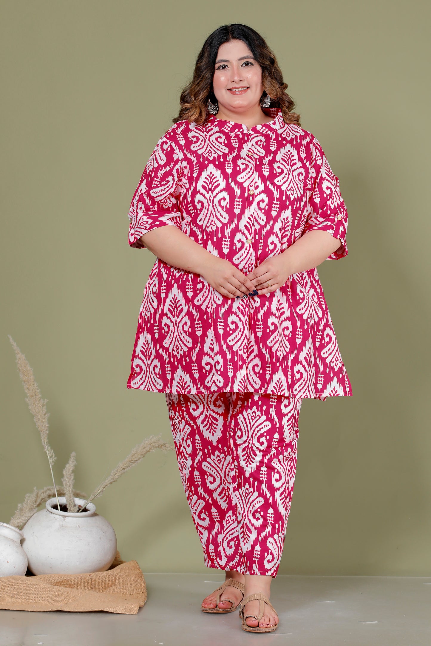 IKAT MOTIF PRINT COTTON CO-ORD SET IN RANIPINK BY PLUSSIZEKURTI