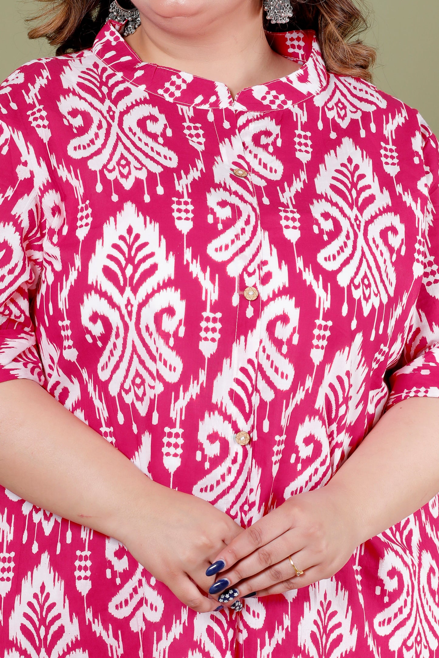 IKAT MOTIF PRINT COTTON CO-ORD SET IN RANIPINK BY PLUSSIZEKURTI