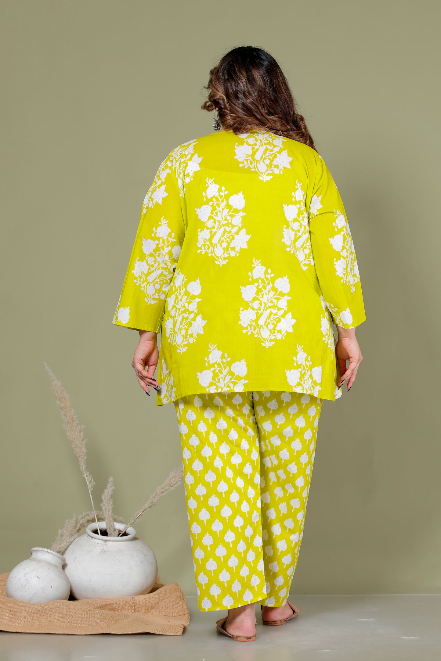 FLORAL BUTTA PRINT COTTON CO-ORD SET IN LIME GREEN BY PLUSSIZEKURTI