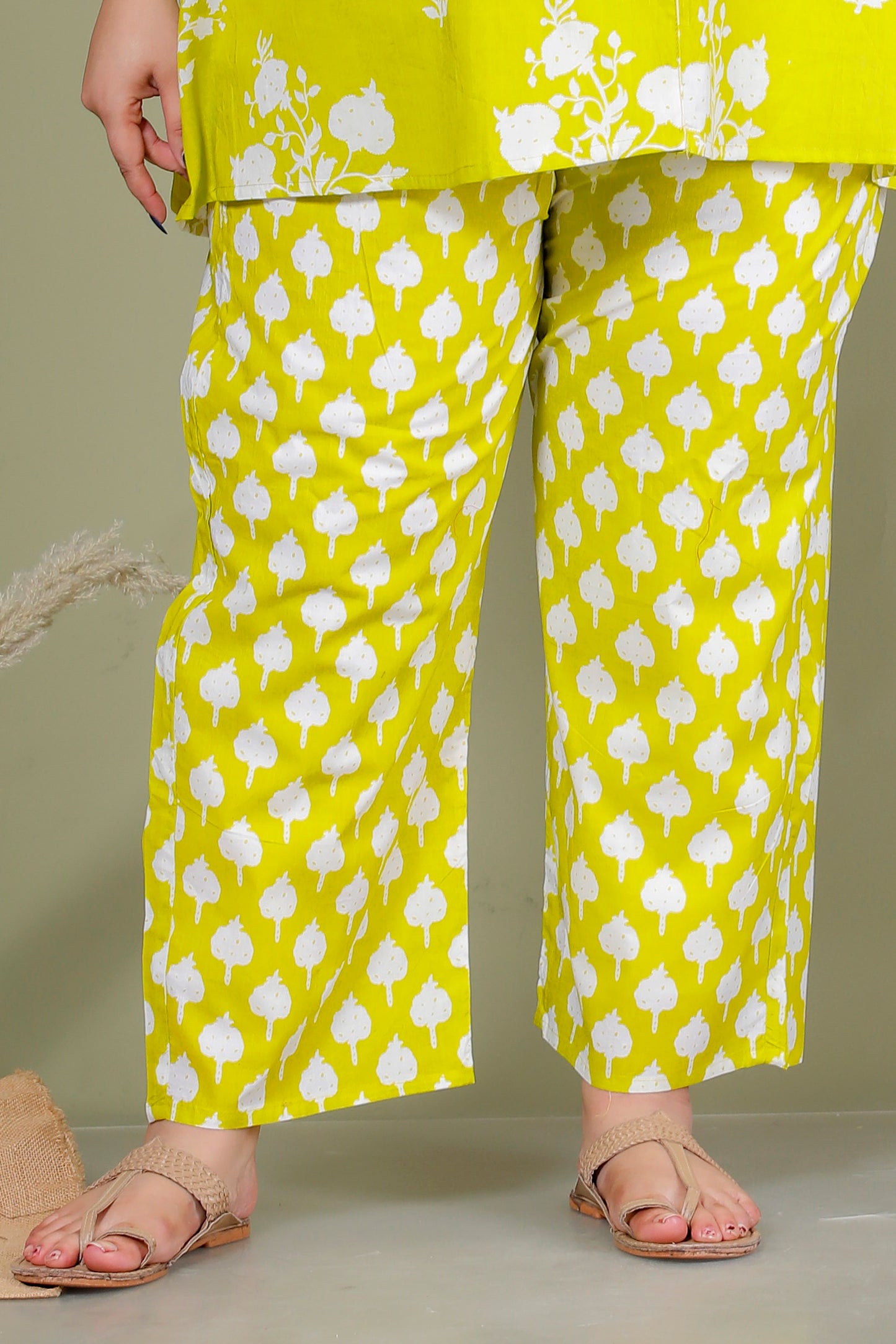 FLORAL BUTTA PRINT COTTON CO-ORD SET IN LIME GREEN BY PLUSSIZEKURTI