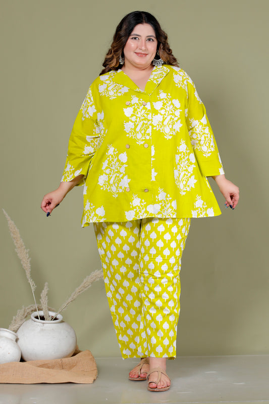 FLORAL BUTTA PRINT COTTON CO-ORD SET IN LIME GREEN BY PLUSSIZEKURTI