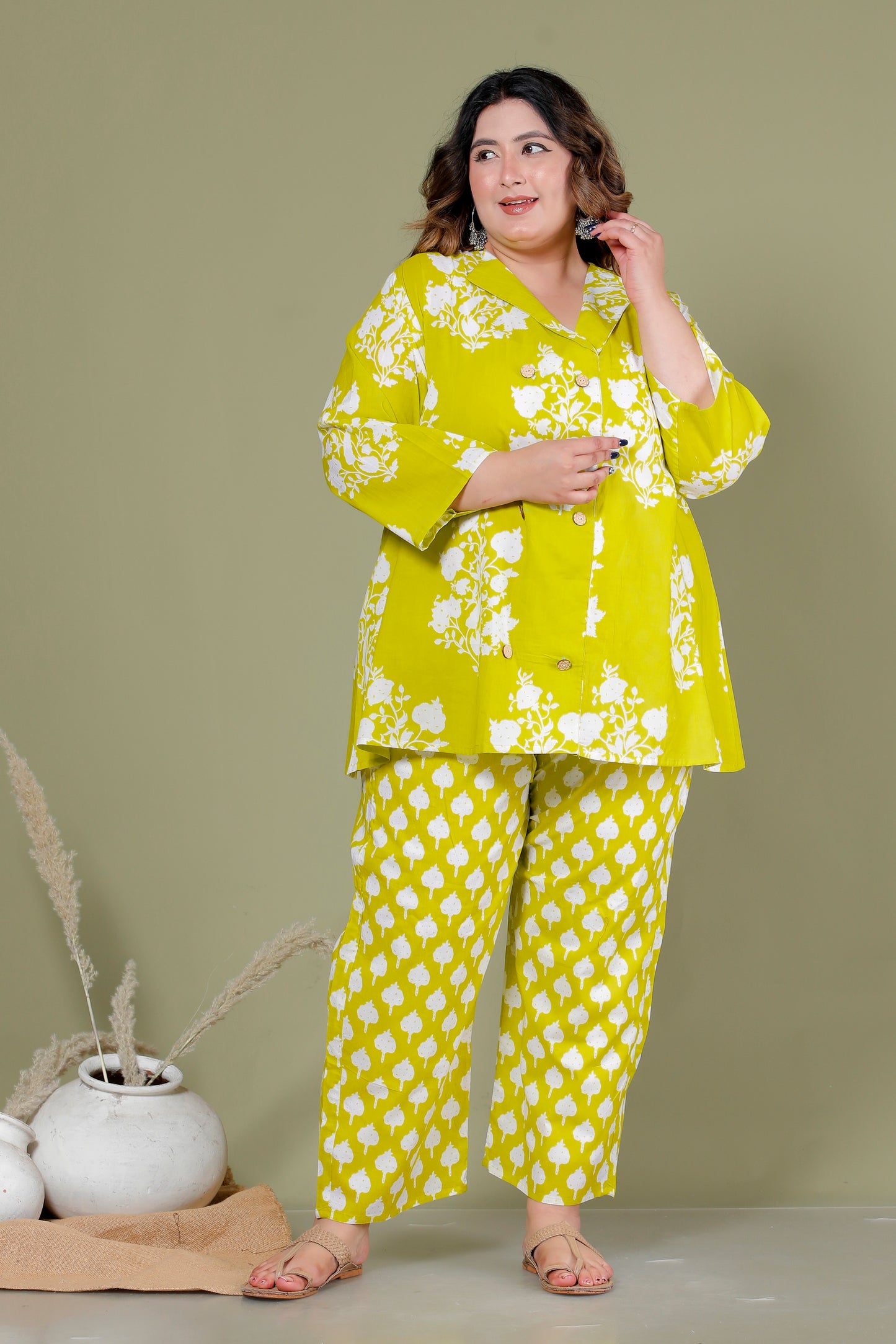 FLORAL BUTTA PRINT COTTON CO-ORD SET IN LIME GREEN BY PLUSSIZEKURTI