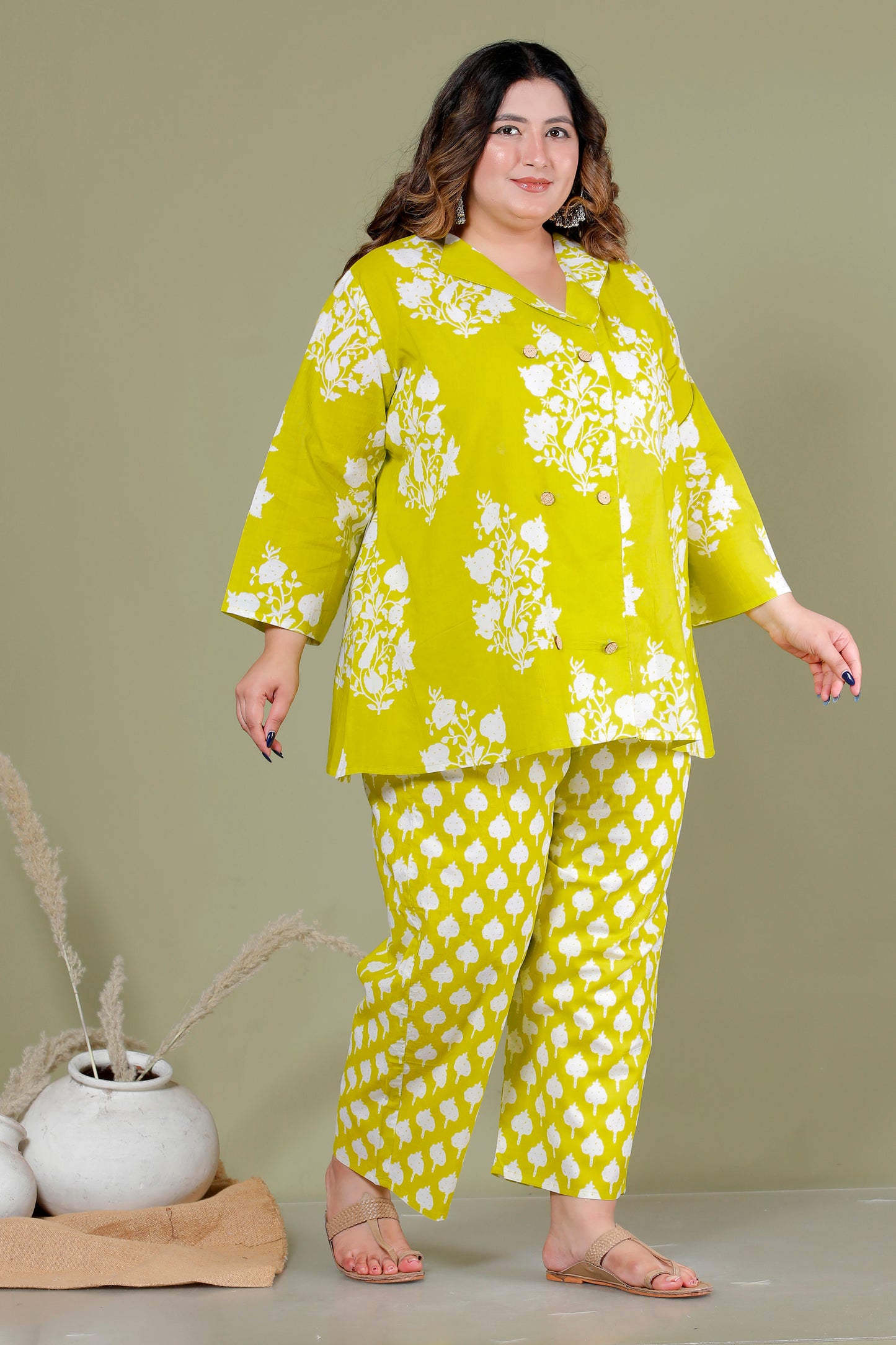 FLORAL BUTTA PRINT COTTON CO-ORD SET IN LIME GREEN BY PLUSSIZEKURTI