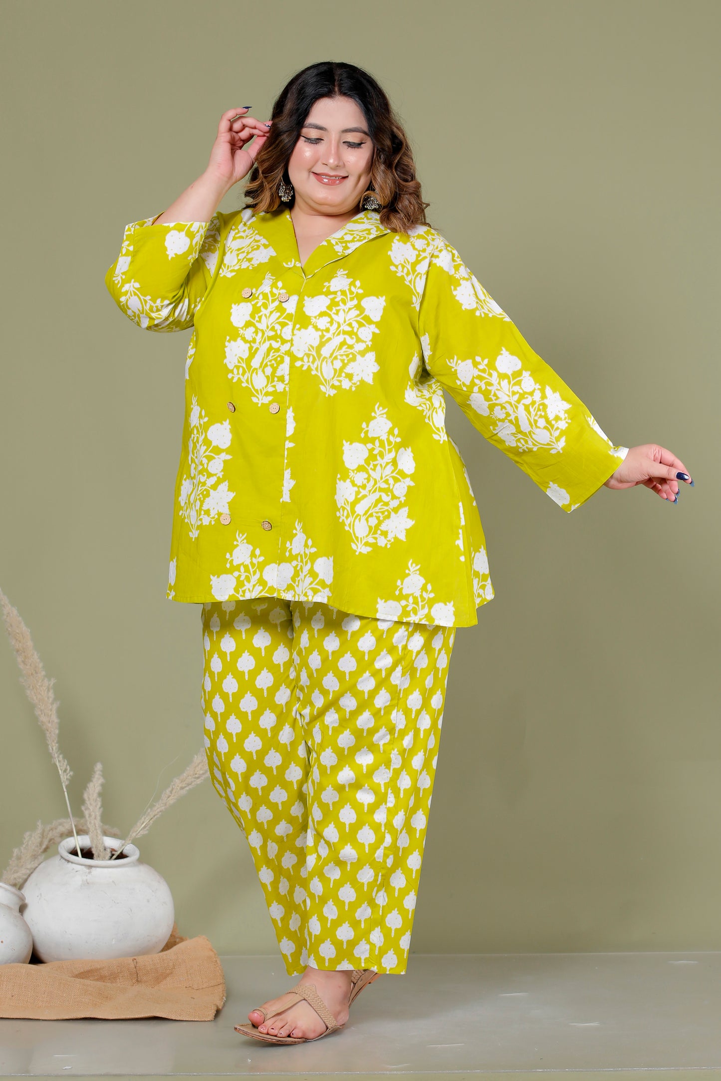 FLORAL BUTTA PRINT COTTON CO-ORD SET IN LIME GREEN BY PLUSSIZEKURTI