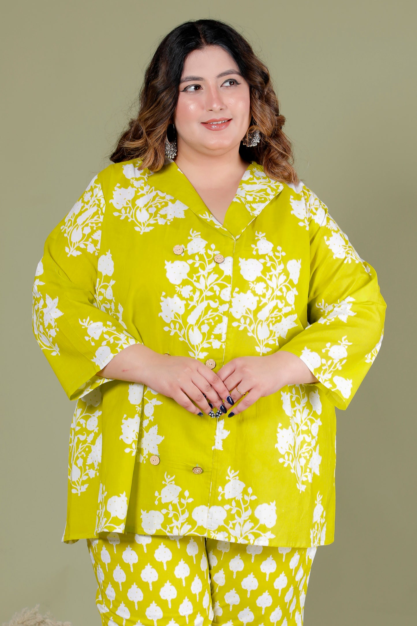 FLORAL BUTTA PRINT COTTON CO-ORD SET IN LIME GREEN BY PLUSSIZEKURTI
