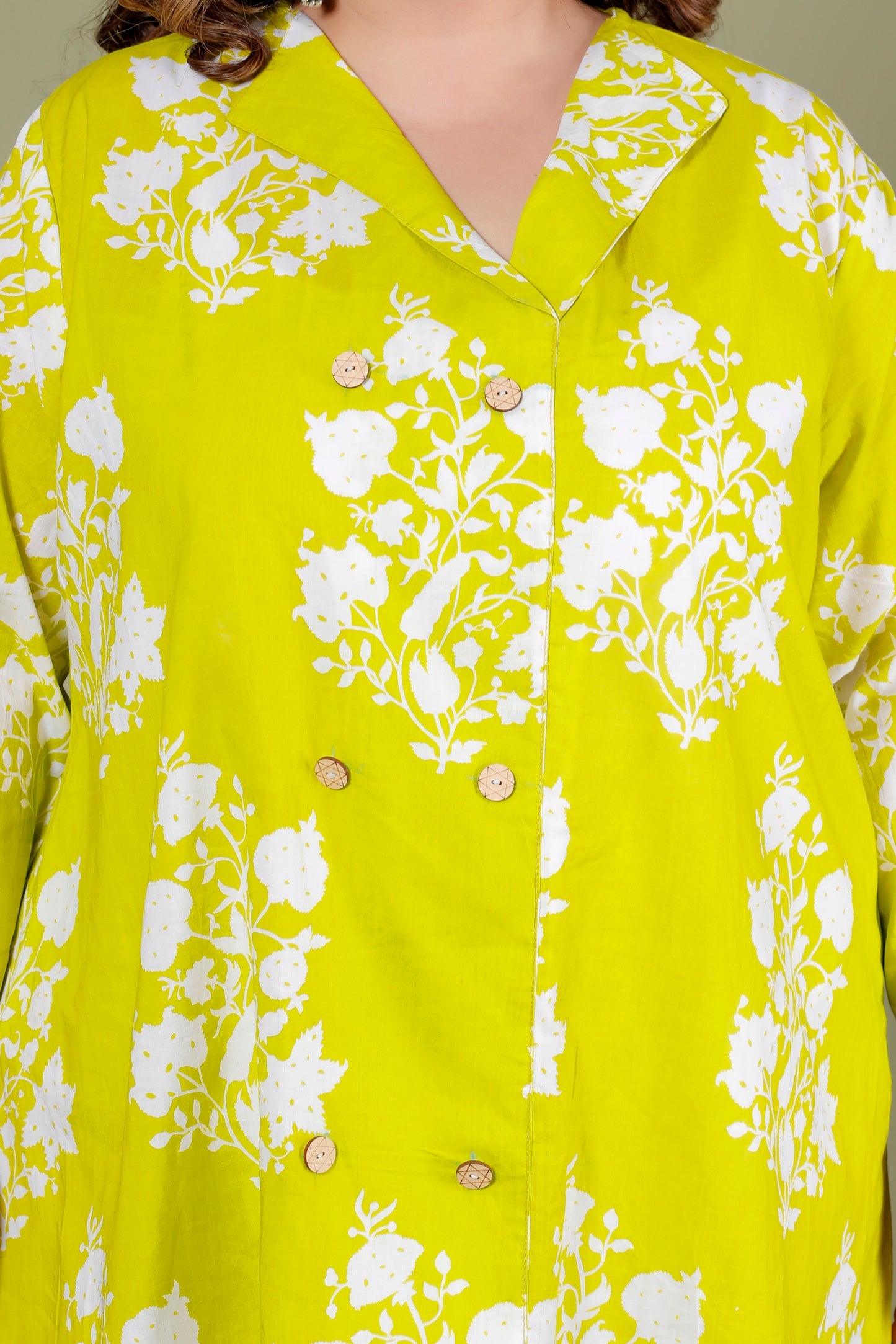 FLORAL BUTTA PRINT COTTON CO-ORD SET IN LIME GREEN BY PLUSSIZEKURTI