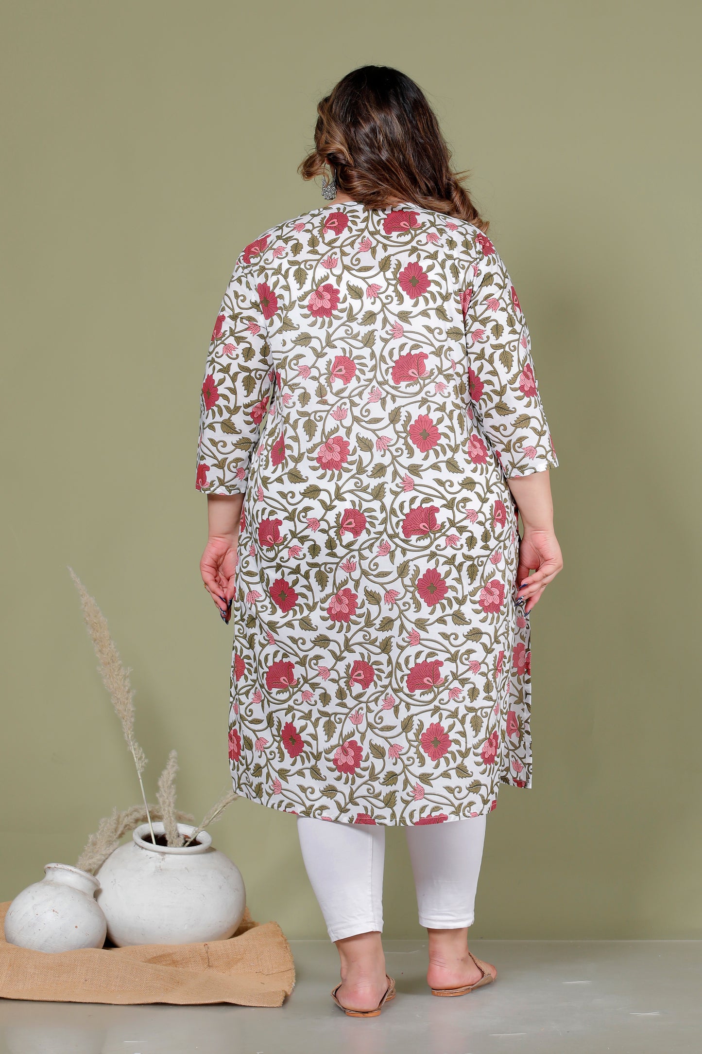 MUGHAL FLORAL VINE PRINT COTTON KURTI IN OFFWHITE BY PLUSSIZEKURTI