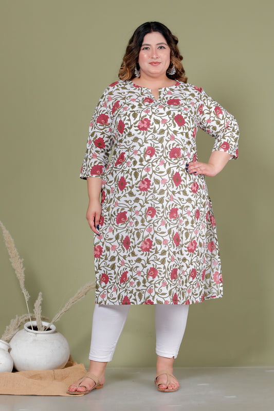 MUGHAL FLORAL VINE PRINT COTTON KURTI IN OFFWHITE BY PLUSSIZEKURTI