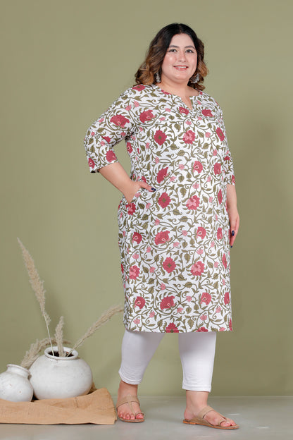 MUGHAL FLORAL VINE PRINT COTTON KURTI IN OFFWHITE BY PLUSSIZEKURTI