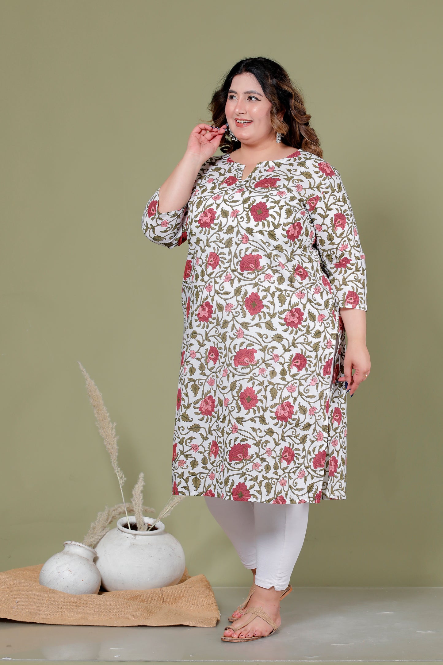 MUGHAL FLORAL VINE PRINT COTTON KURTI IN OFFWHITE BY PLUSSIZEKURTI