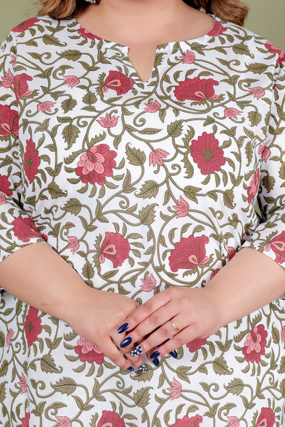 MUGHAL FLORAL VINE PRINT COTTON KURTI IN OFFWHITE BY PLUSSIZEKURTI