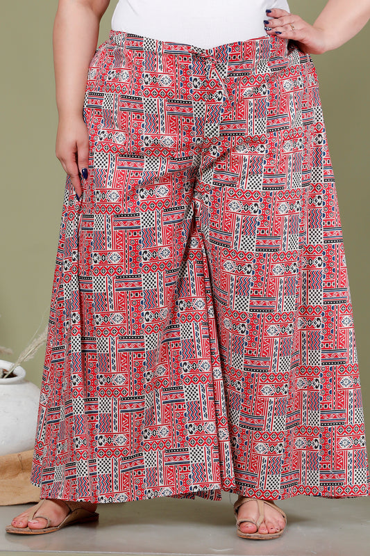AJRAKH GEOMETRIC PRINT COTTON SKIRT PANTS IN BRICK RED/IVORY  BY PLUSSIZEKURTI