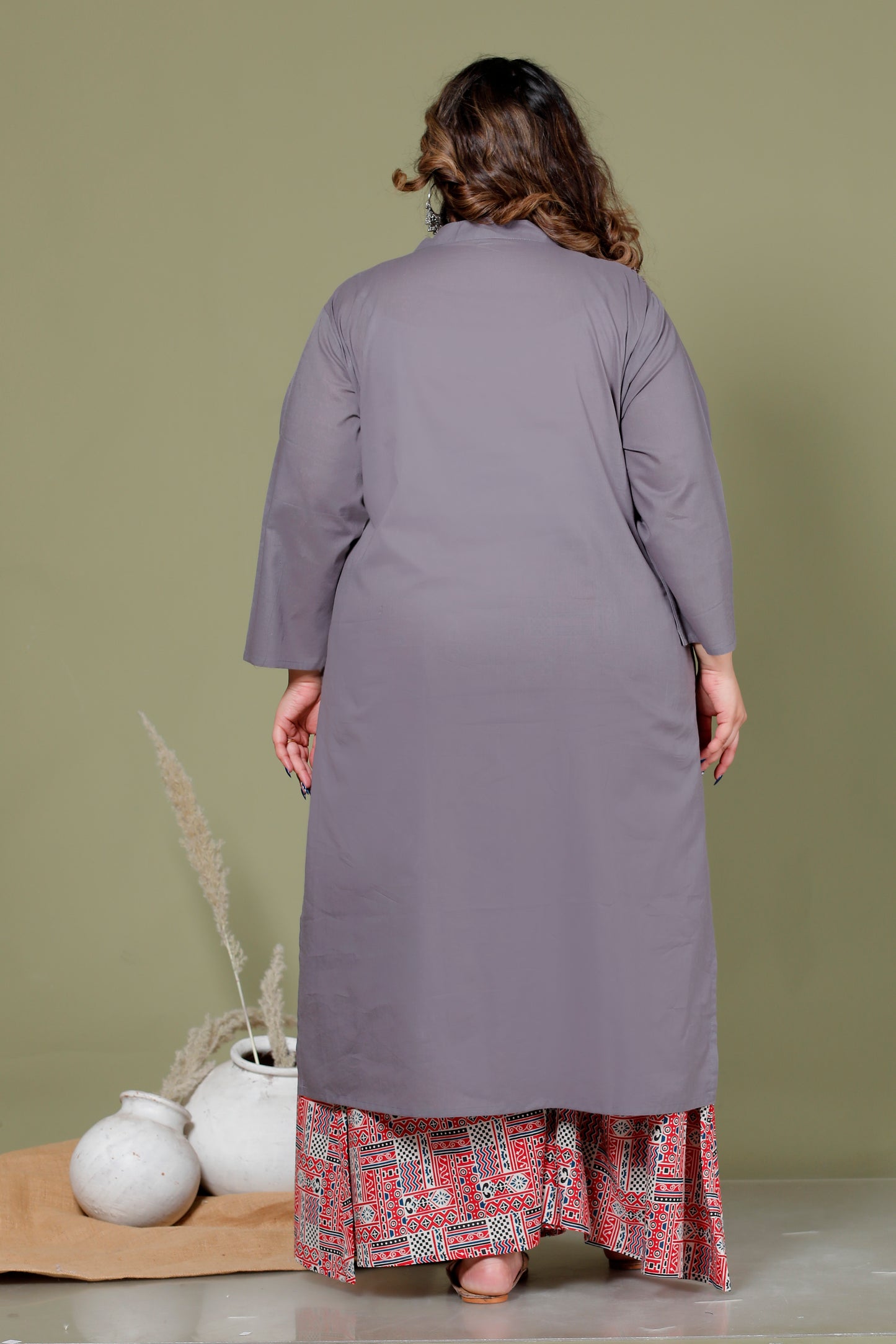 SKIRT PANT COTTON 2 PEICE SOLID KURTA SET IN GREY/RUST RED BY PLUSSIZEKURTI