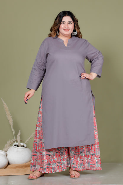 SKIRT PANT COTTON 2 PEICE SOLID KURTA SET IN GREY/RUST RED BY PLUSSIZEKURTI