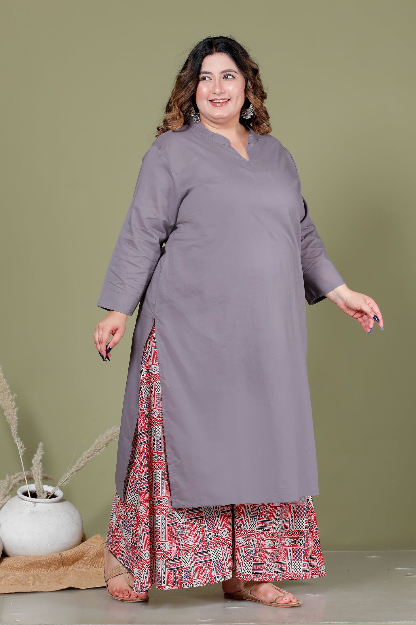 SKIRT PANT COTTON 2 PEICE SOLID KURTA SET IN GREY/RUST RED BY PLUSSIZEKURTI