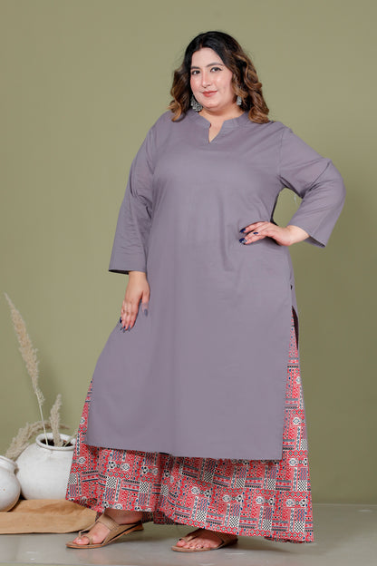 SKIRT PANT COTTON 2 PEICE SOLID KURTA SET IN GREY/RUST RED BY PLUSSIZEKURTI