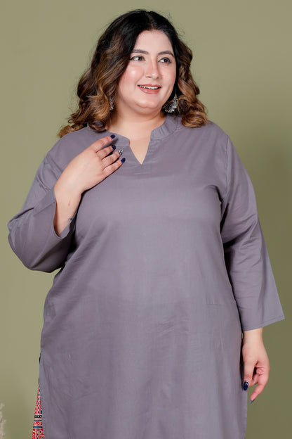 SKIRT PANT COTTON 2 PEICE SOLID KURTA SET IN GREY/RUST RED BY PLUSSIZEKURTI