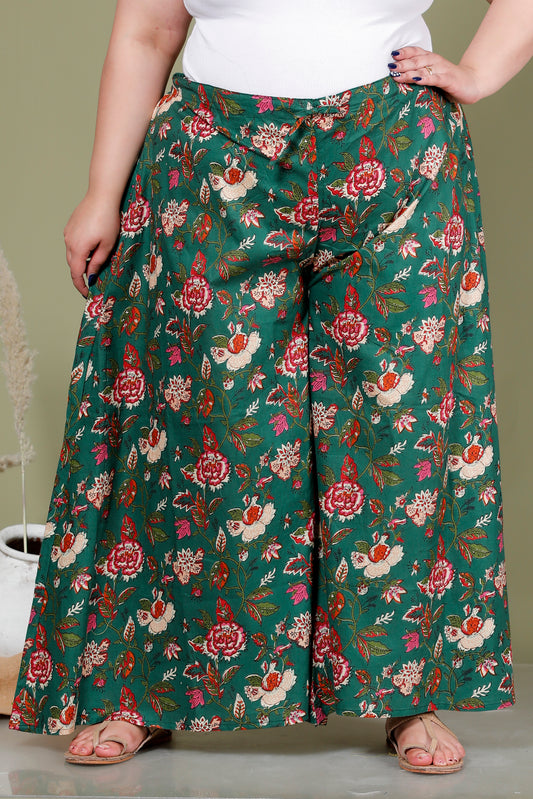 FLORAL VINE PRINT COTTON SKIRT PANTS IN DEEP TEAL GREEN BY PLUSSIZEKURTI