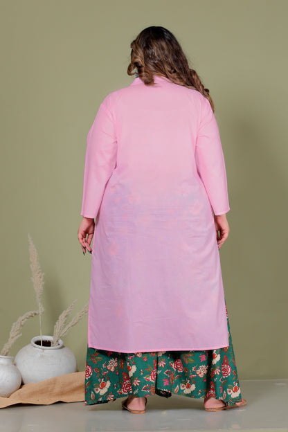 SKIRT PANT COTTON 2 PEICE SOLID KURTA SET IN BABYPINK /GREEN BY PLUSSIZEKURTI