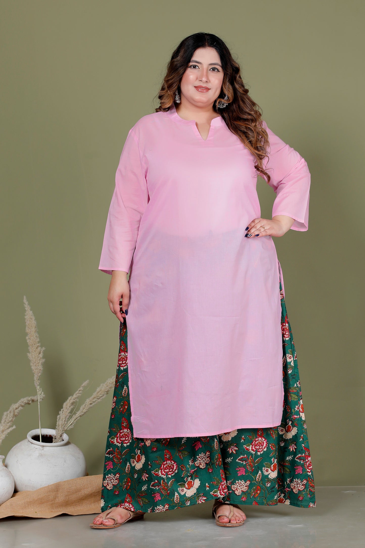SKIRT PANT COTTON 2 PEICE SOLID KURTA SET IN BABYPINK /GREEN BY PLUSSIZEKURTI