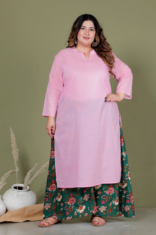 SKIRT PANT COTTON 2 PEICE SOLID KURTA SET IN BABYPINK /GREEN BY PLUSSIZEKURTI