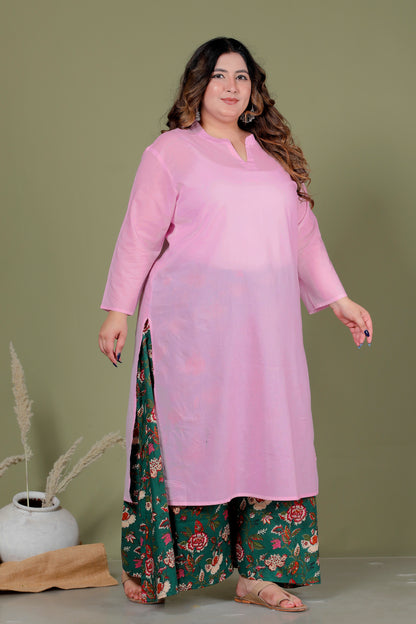 SKIRT PANT COTTON 2 PEICE SOLID KURTA SET IN BABYPINK /GREEN BY PLUSSIZEKURTI