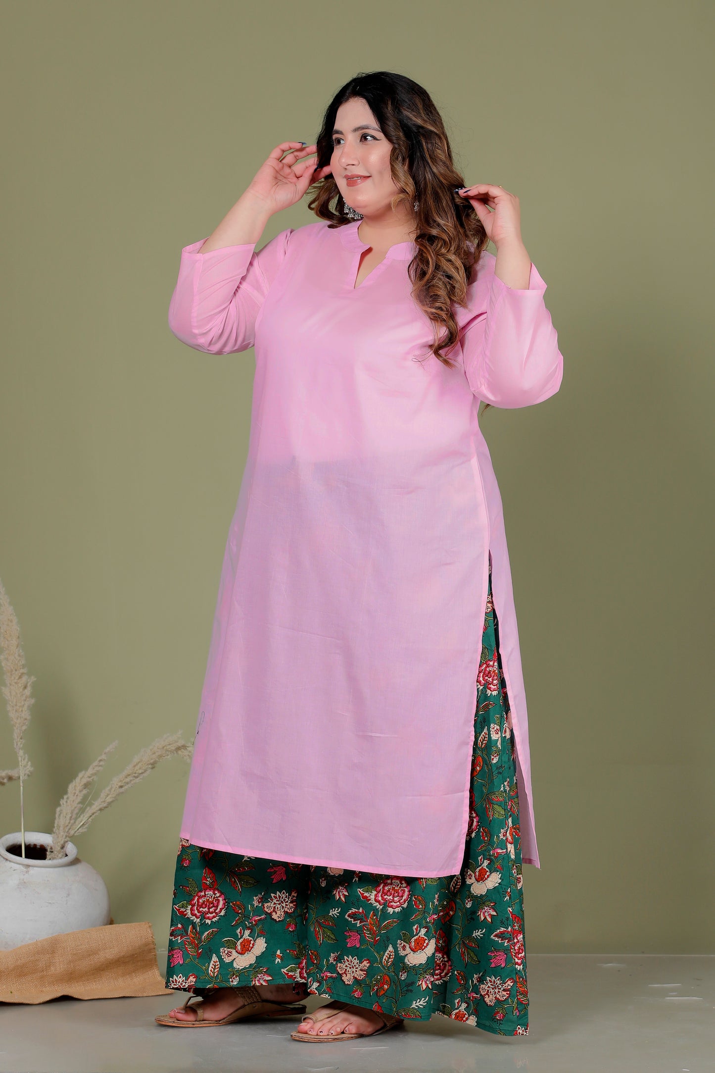 SKIRT PANT COTTON 2 PEICE SOLID KURTA SET IN BABYPINK /GREEN BY PLUSSIZEKURTI