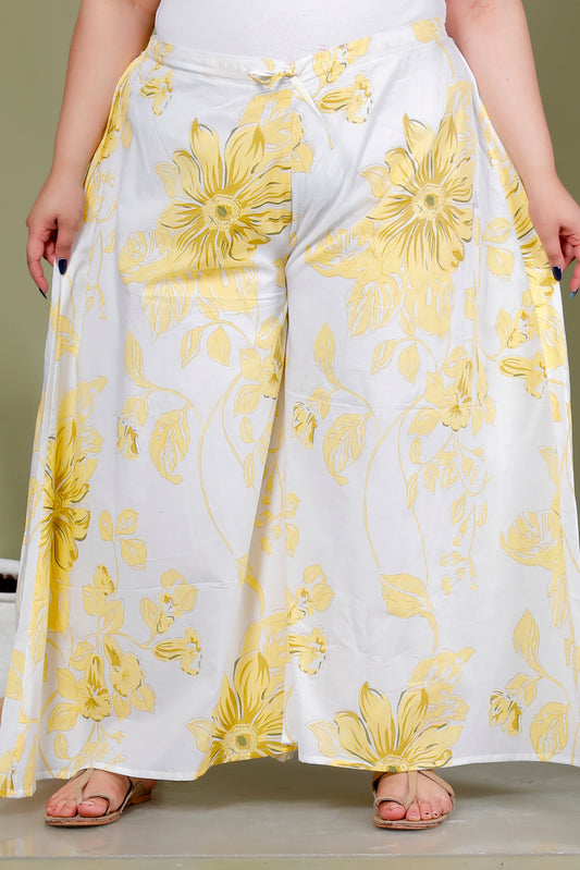 FLORAL SKECH PRINT COTTON SKIRT PANTS IN IVORY/YELLOW BY PLUSSIZEKURTI