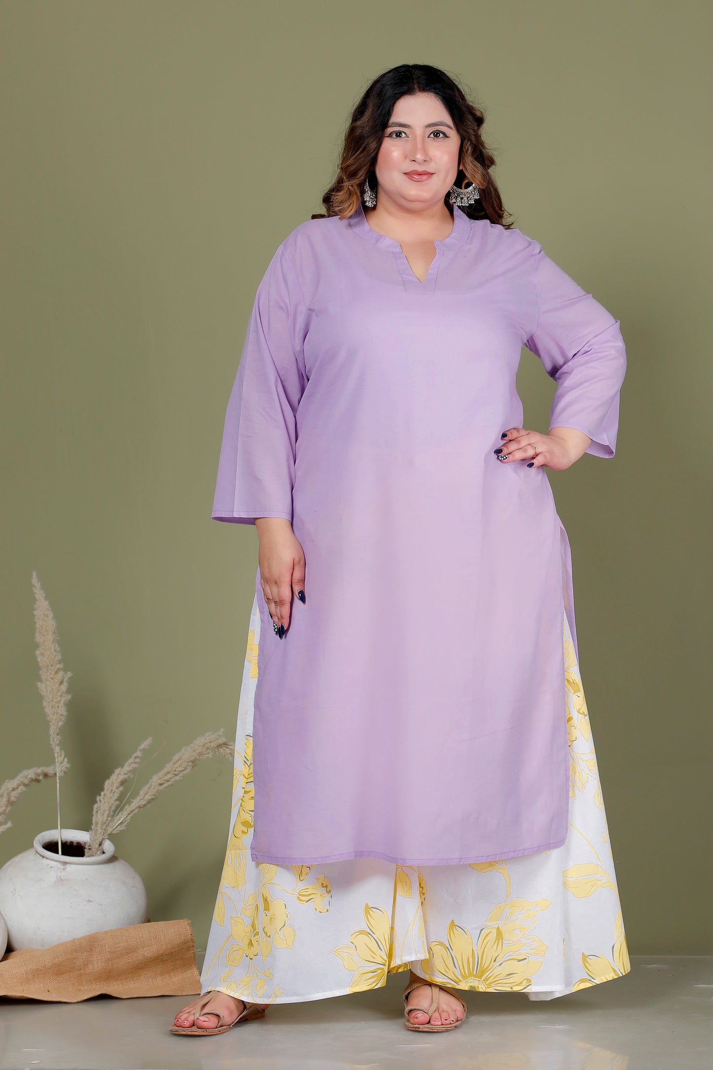 SKIRT PANT COTTON 2 PEICE SOLID KURTA SET IN LAVENDER /YELLOW BY PLUSSIZEKURTI
