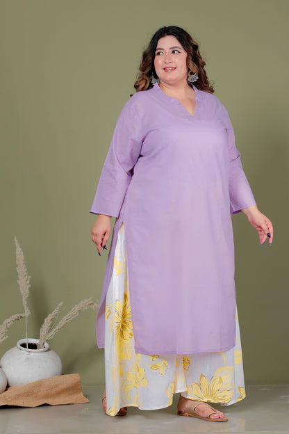 SKIRT PANT COTTON 2 PEICE SOLID KURTA SET IN LAVENDER /YELLOW BY PLUSSIZEKURTI