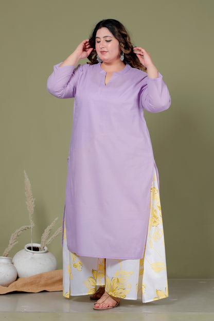 SKIRT PANT COTTON 2 PEICE SOLID KURTA SET IN LAVENDER /YELLOW BY PLUSSIZEKURTI