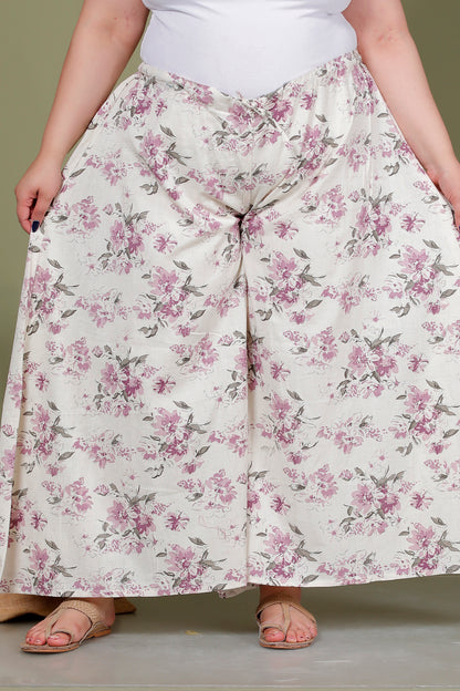 FLORA PRINT COTTONFLEX SKIRT PANTS IN IVORY/MAUVE BY PLUSSIZEKURTI