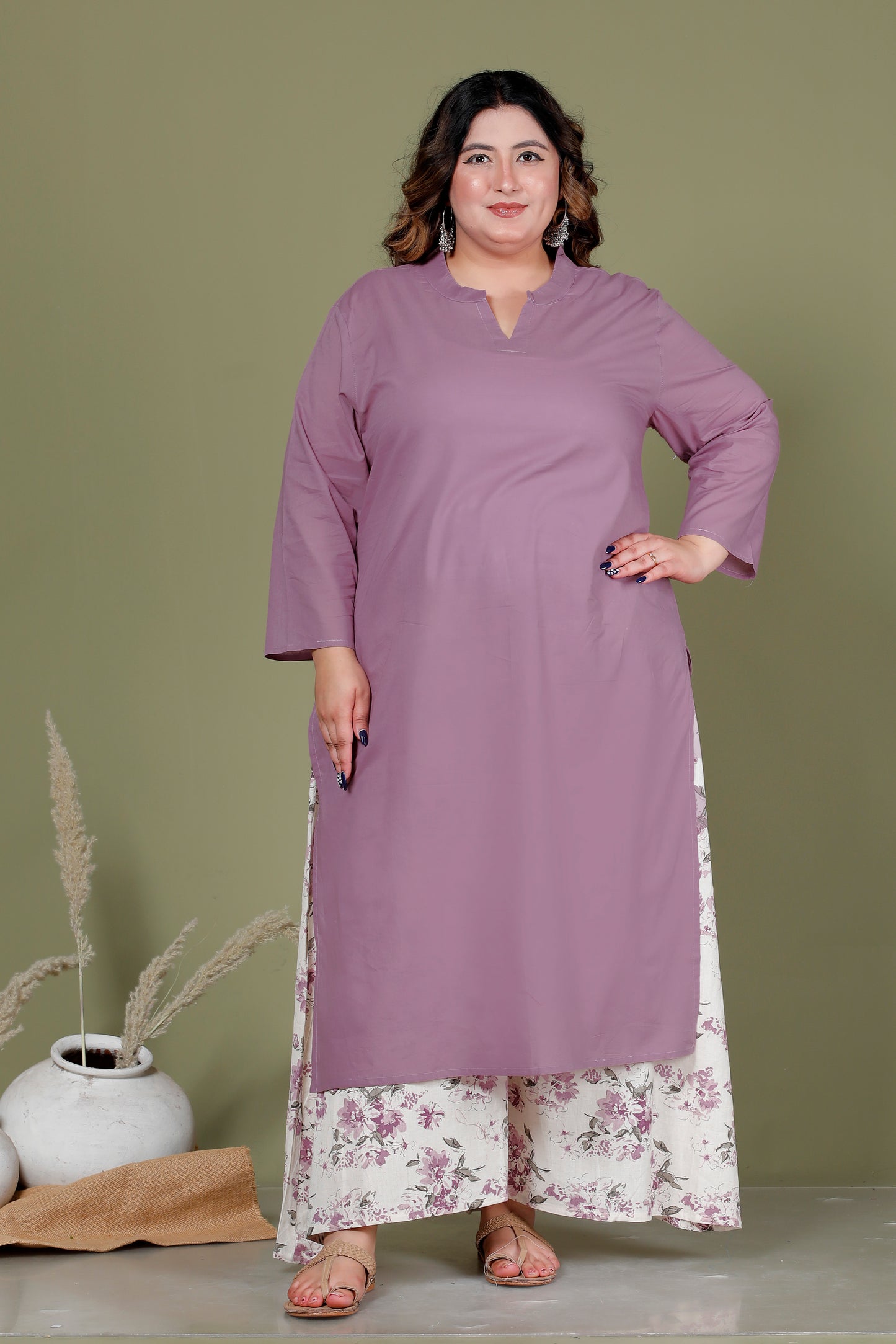 SKIRT PANT COTTONFLEX 2 PEICE SOLID KURTA SET IN MAUVE /OFF WHITE BY PLUSSIZEKURTI