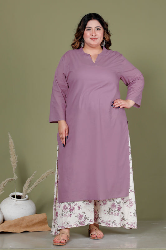 SKIRT PANT COTTONFLEX 2 PEICE SOLID KURTA SET IN MAUVE /OFF WHITE BY PLUSSIZEKURTI